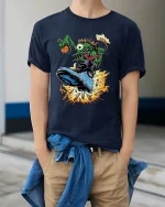 Crazy Alien Basketball Graphic T Shirt Funny Street Dunk Art - model wearing navy tee with hands in pockets