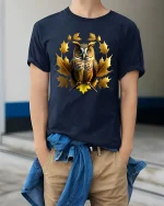 Owl Autumn Leaves Graphic T Shirt Elegant Nature Wildlife Art - model wearing navy tee with hands in pockets