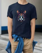 Mystic Cat Face Graphic T Shirt Colorful Tribal Art Style - model wearing navy tee with hands in pockets