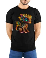 Cute Fantasy Dragon Graphic T Shirt Colorful Magical Creature - model wearing black tee with hands behind back
