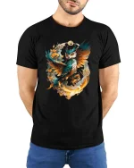 Magical Owl Flame Circle Tshirt Artistic Fantasy Bird Design - model wearing black tee with hands behind back