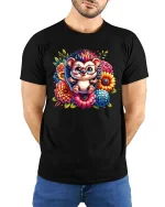 Cute Hedgehog Glasses Floral Graphic T Shirt Adorable Style - model wearing black tee with hands behind back