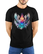 Angel Wings Heart Flame Graphic T Shirt Fantasy Sacred Art - model wearing black tee with hands behind back