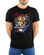 Samurai Tiger Graphic T Shirt Japanese Warrior Street Art Style - model wearing black tee with hands behind back