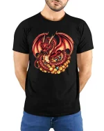 Red Dragon Treasure Graphic T Shirt Fantasy Gold Hoard Art - model wearing black tee with hands behind back