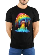 Colorful Dripping Mushroom Graphic T Shirt Psychedelic Art - model wearing black tee with hands behind back