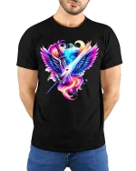 Angel Wings Sword Graphic T Shirt Neon Fantasy Warrior Art - model wearing black tee with hands behind back