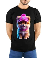 Cute Pomeranian Puppy Hat Graphic T Shirt Adorable Dog Style - model wearing black tee with hands behind back