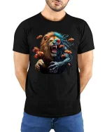 Lion Fish Hybrid Graphic T Shirt Wild Ocean Jungle Fusion Art - model wearing black tee with hands behind back