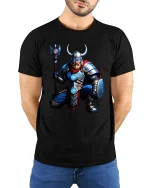 Viking Warrior Axe Graphic T Shirt Norse Mythology Battle Art - model wearing black tee with hands behind back