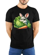 Cute Bunny Carrot Graphic T Shirt Funny Garden Animal Style - model wearing black tee with hands behind back