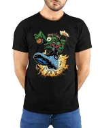 Crazy Alien Basketball Graphic T Shirt Funny Street Dunk Art - model wearing black tee with hands behind back