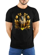 Owl Autumn Leaves Graphic T Shirt Elegant Nature Wildlife Art - model wearing black tee with hands behind back
