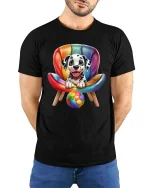 Cute Dalmatian Puppy Chair Graphic T Shirt Colorful Fun Style - model wearing black tee with hands behind back