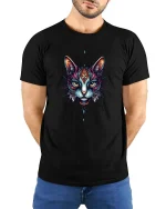 Mystic Cat Face Graphic T Shirt Colorful Tribal Art Style - model wearing black tee with hands behind back