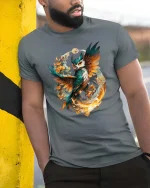 Magical Owl Flame Circle Tshirt Artistic Fantasy Bird Design - model wearing grey tee, leaning on column