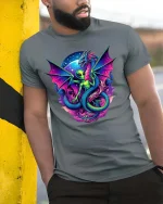 Alien Dragon Fusion Graphic T Shirt Cosmic Fantasy Art Style - model wearing grey tee, leaning on column