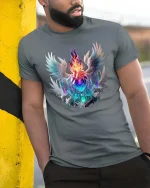 Angel Wings Heart Flame Graphic T Shirt Fantasy Sacred Art - model wearing grey tee, leaning on column