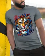 Samurai Tiger Graphic T Shirt Japanese Warrior Street Art Style - model wearing grey tee, leaning on column