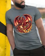Red Dragon Treasure Graphic T Shirt Fantasy Gold Hoard Art - model wearing grey tee, leaning on column
