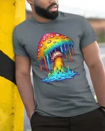 Colorful Dripping Mushroom Graphic T Shirt Psychedelic Art - model wearing grey tee, leaning on column