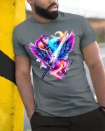 Angel Wings Sword Graphic T Shirt Neon Fantasy Warrior Art - model wearing grey tee, leaning on column
