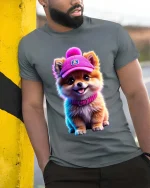 Cute Pomeranian Puppy Hat Graphic T Shirt Adorable Dog Style - model wearing grey tee, leaning on column