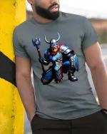 Viking Warrior Axe Graphic T Shirt Norse Mythology Battle Art - model wearing grey tee, leaning on column