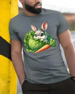 Cute Bunny Carrot Graphic T Shirt Funny Garden Animal Style - model wearing grey tee, leaning on column
