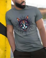 Mystic Cat Face Graphic T Shirt Colorful Tribal Art Style - model wearing grey tee, leaning on column