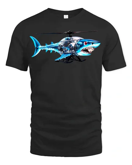 Shark Helicopter Graphic T Shirt Funny Flying Shark Tee - black t-shirt on white background