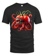 Funny Tomato Monster Octopus Graphic T Shirt Creepy Food Tee - black t-shirt on white background