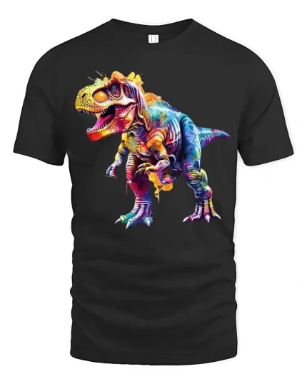 Colorful T Rex Dinosaur Graphic T Shirt Vibrant Dino Art Tee - black t-shirt on white background