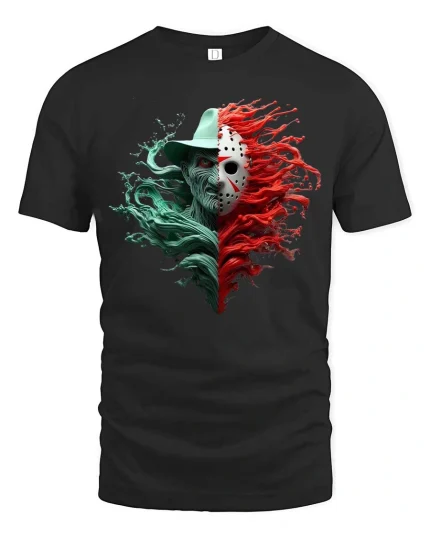 Split Horror Mask Character Graphic T Shirt Dual Face Scary Tee - black t-shirt on white background