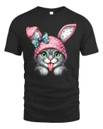 Cute Bunny Cat Graphic T Shirt Funny Kitty With Bunny Ears Tee - black t-shirt on white background
