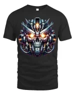 Cyberpunk Robot Skull Graphic T Shirt Futuristic Mech Skull Tee - black t-shirt on white background