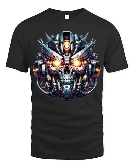 Cyberpunk Robot Skull Graphic T Shirt Futuristic Mech Skull Tee - black t-shirt on white background