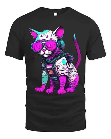 Cyberpunk Cat Astronaut Graphic T Shirt Neon Space Kitty Tee - black t-shirt on white background