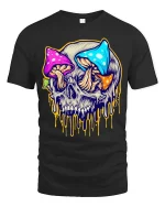 Psychedelic Mushroom Skull Graphic T Shirt Colorful Trippy Skull Tee - black t-shirt on white background