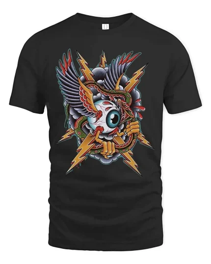 Flying Eyeball Snake Lightning Graphic T Shirt Tattoo Style Tee - black t-shirt on white background