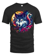 Colorful Wolf Galaxy Graphic T Shirt Vibrant Cosmic Wolf Tee - black t-shirt on white background