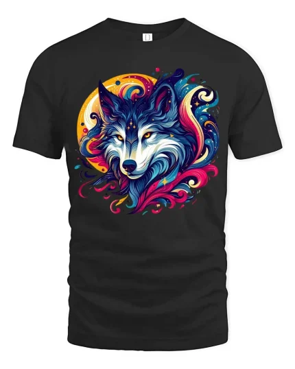 Colorful Wolf Galaxy Graphic T Shirt Vibrant Cosmic Wolf Tee - black t-shirt on white background