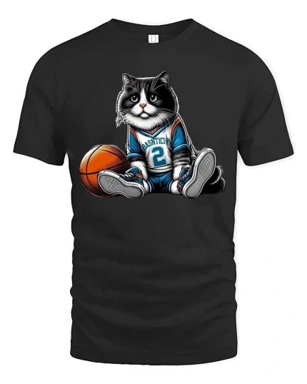 Cute Basketball Cat Graphic T Shirt Funny Sport Cat Tee - black t-shirt on white background