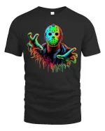 Neon Horror Mask Graphic T Shirt Creepy Slasher Style Tee - black t-shirt on white background