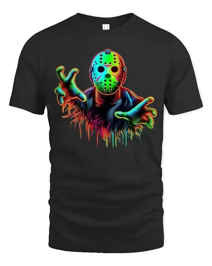 Neon Horror Mask Graphic T Shirt Creepy Slasher Style Tee - black t-shirt on white background