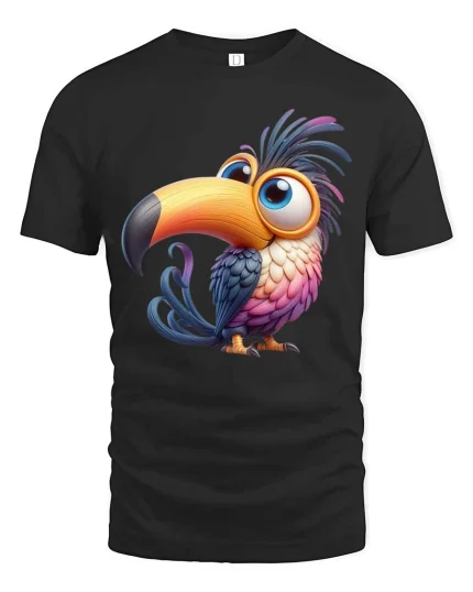 Cute Colorful Toucan Cartoon Graphic T Shirt Funny Bird Tee - black t-shirt on white background