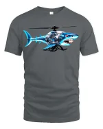 Shark Helicopter Graphic T Shirt Funny Flying Shark Tee - gray t-shirt on white background