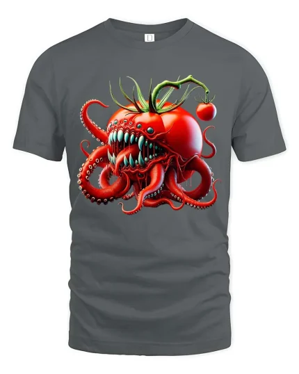 Funny Tomato Monster Octopus Graphic T Shirt Creepy Food Tee - gray t-shirt on white background