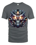 Cyberpunk Robot Skull Graphic T Shirt Futuristic Mech Skull Tee - gray t-shirt on white background