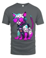 Cyberpunk Cat Astronaut Graphic T Shirt Neon Space Kitty Tee - gray t-shirt on white background